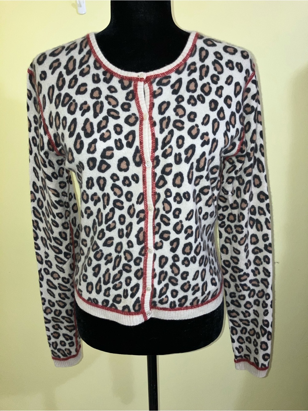 Autumn 100% Cashmere leopard animal print cardigan sweater size L large luxury
